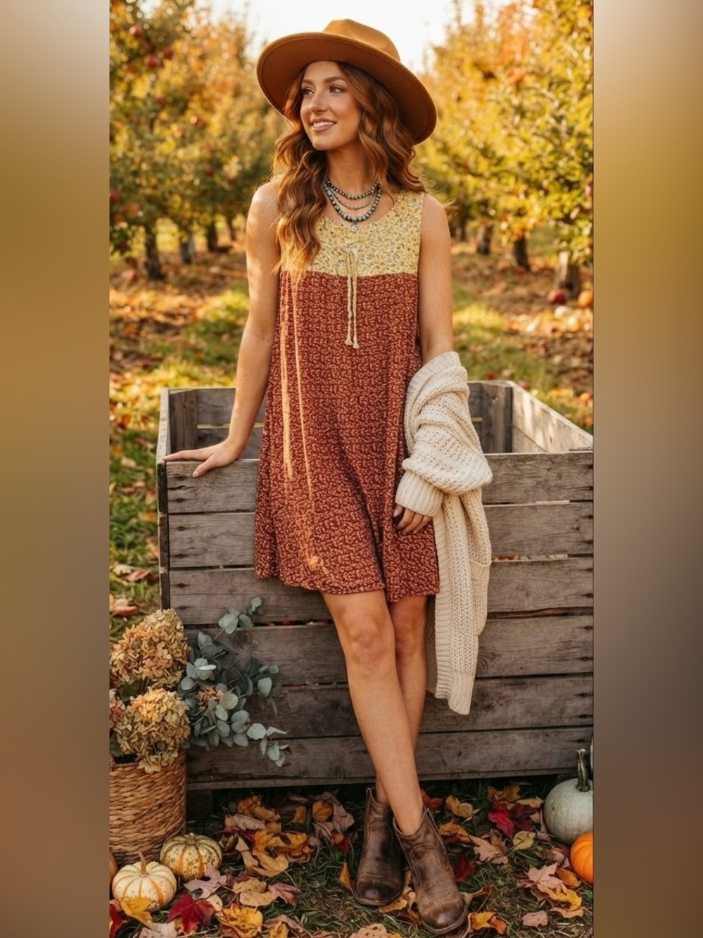 Sleeveless Two-Tone Rust and Mustard Floral Shift Dress